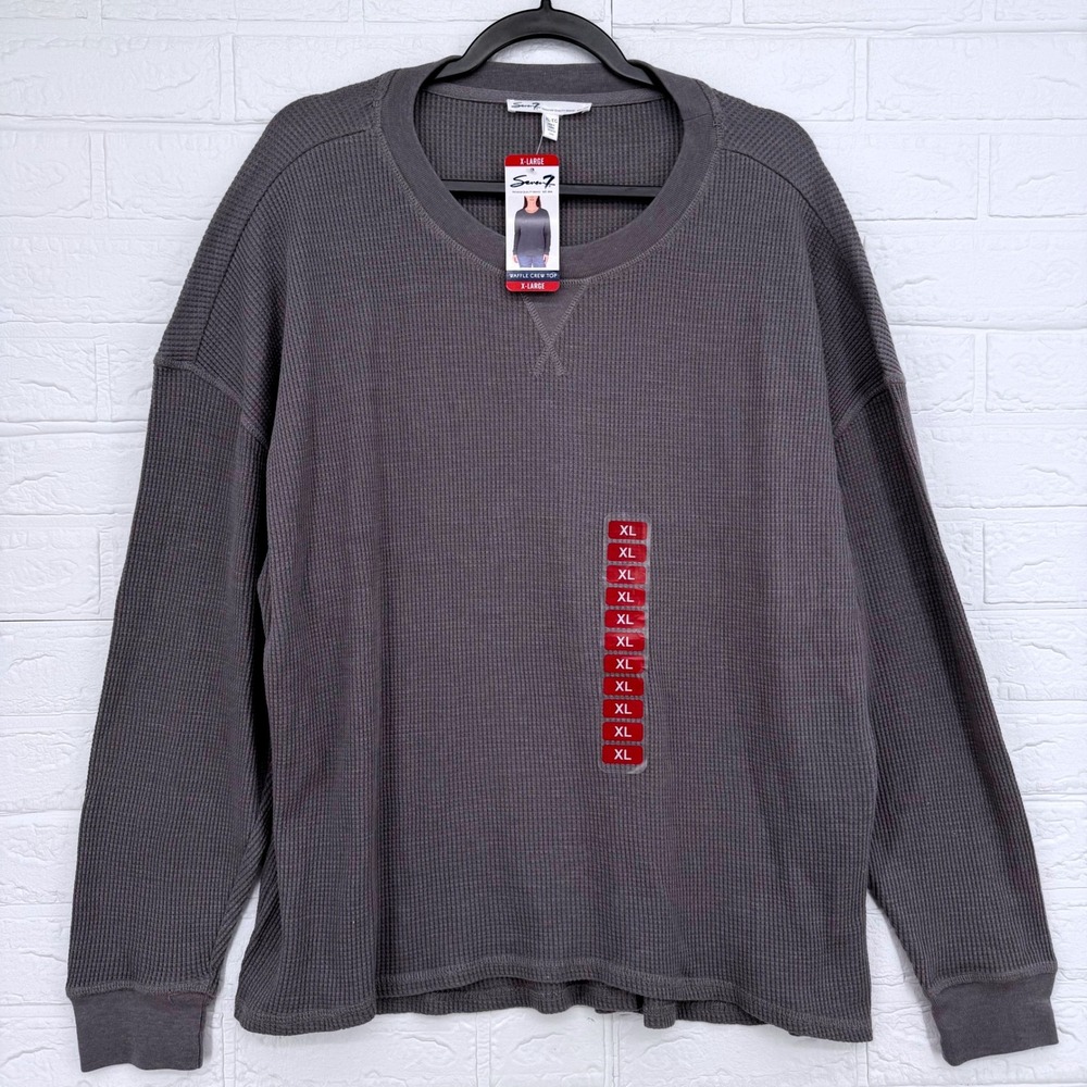 Seven7 Waffle Crew Top Womens XL Gray Long Sleeve Knit Casual Pullover NEW